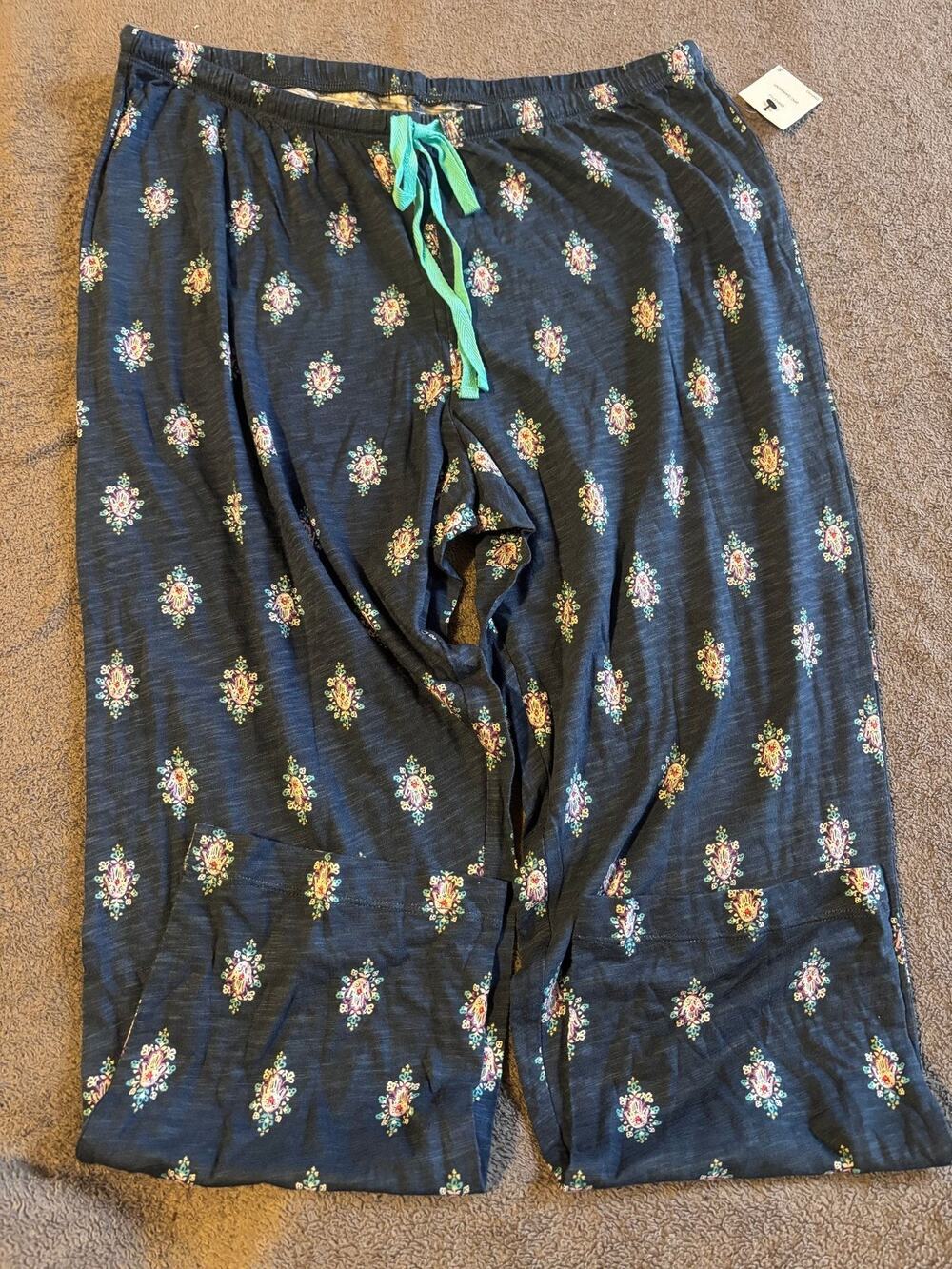 Womens Pajama Pants S Navy Medallion Print Drawstring Lounge Soft Sleep Pants